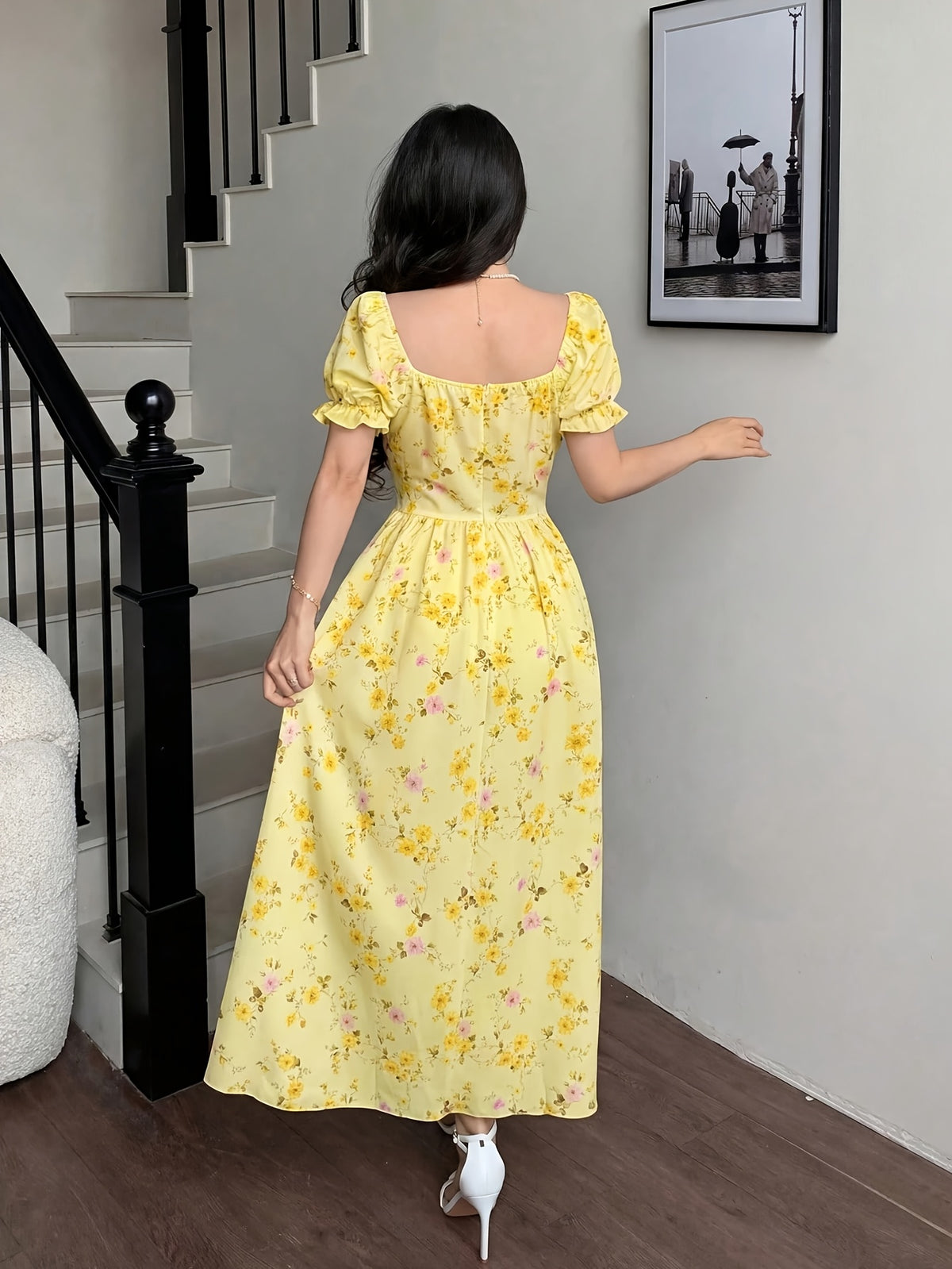 Charming Romantic Dumb Flower Patchwork Lace Collar Long Sleeve Waist-Cinching Elegant Dress, Vacation Wear, Women'S Dress - Polychrome