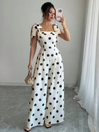 Women'S Elegant Polka Dot Ruffled Tie-Back Off-Shoulder Jumpsuit, Suitable for Music Festivals, Holiday Casual Commute Wear [Niannian] - Mixed colors