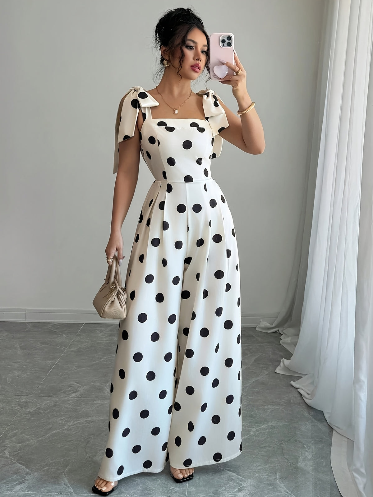Women'S Elegant Polka Dot Ruffled Tie-Back Off-Shoulder Jumpsuit, Suitable for Music Festivals, Holiday Casual Commute Wear [Niannian] - Mixed colors