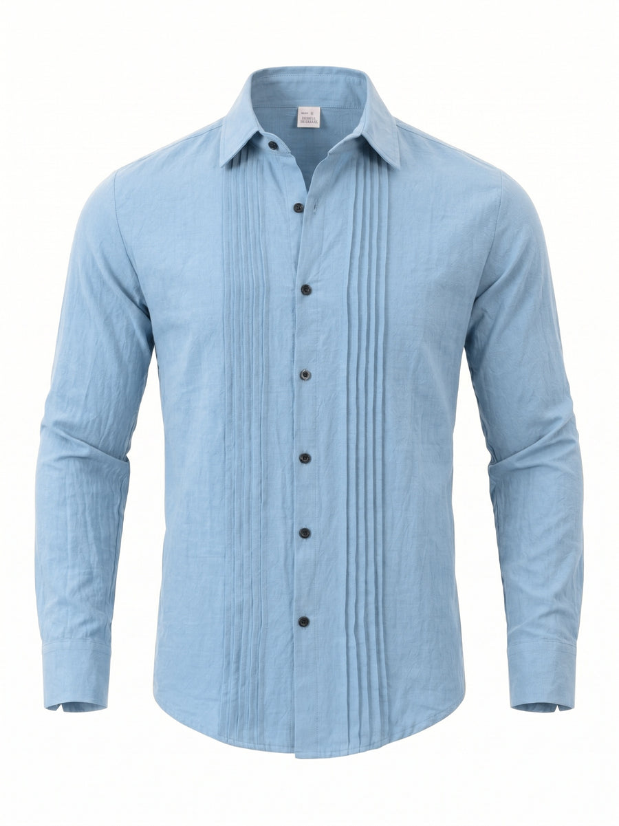 Men's Linen Guayabera Shirt with Lapel Collar & Button Front Panel - Accordion Pleat Chest Texture, Long Sleeve Button-Front Closure Suitable for Beach, Casual, -Casual Wear, Year-Round Versatile Formal & Everyday Button-Up Shirt - Light Blue