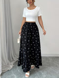 Directed Women'S Printed Black Floral Elastic Waist Lace Skirt - Black