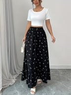 Directed Women'S Printed Black Floral Elastic Waist Lace Skirt - Black