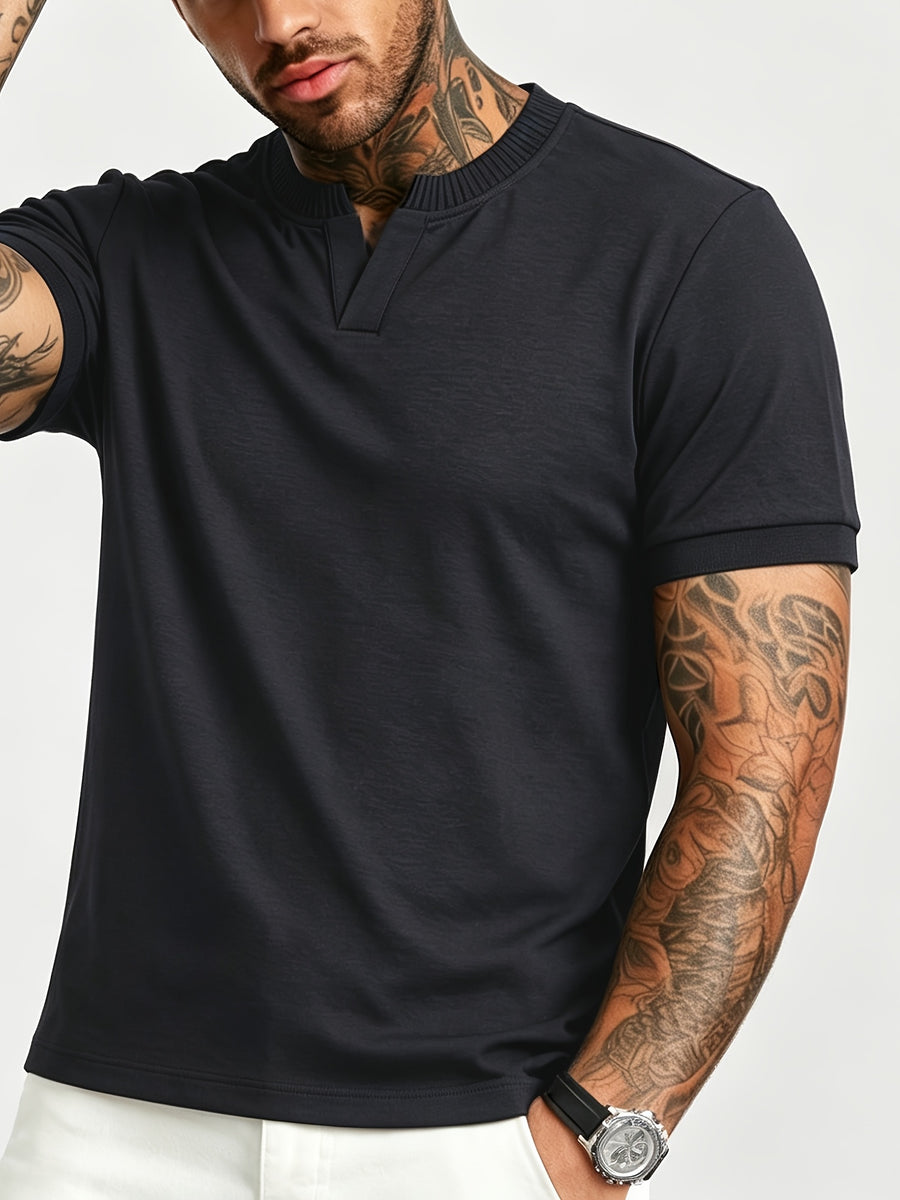 [Pearson OBM] Summer Cool Short Open V-Neck Men'S Henley Shirt, Stretchy Comfortable Solid Base Layer, Breathable And Flat Fit, Practical Men'S Birthday Gift Holiday Item, All-Scene Wear for Fitness, Hiking, Home, And Vacation - Black