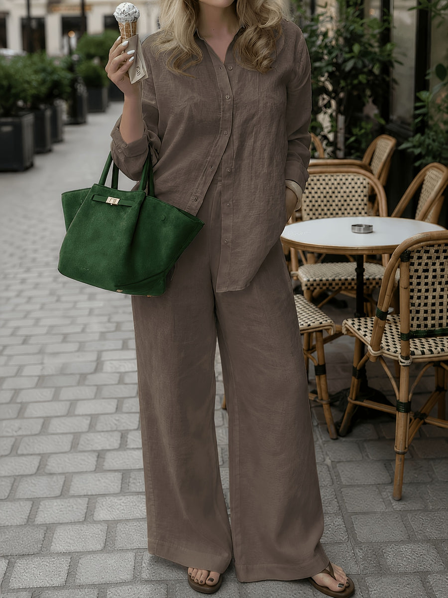 Old Money Style Women'S Pure Elegant Outfit, Suitable for Spring/Summer And Holidays | 2pcs Casual Set, Shirt And Wide-Leg Pants - Coffee Color