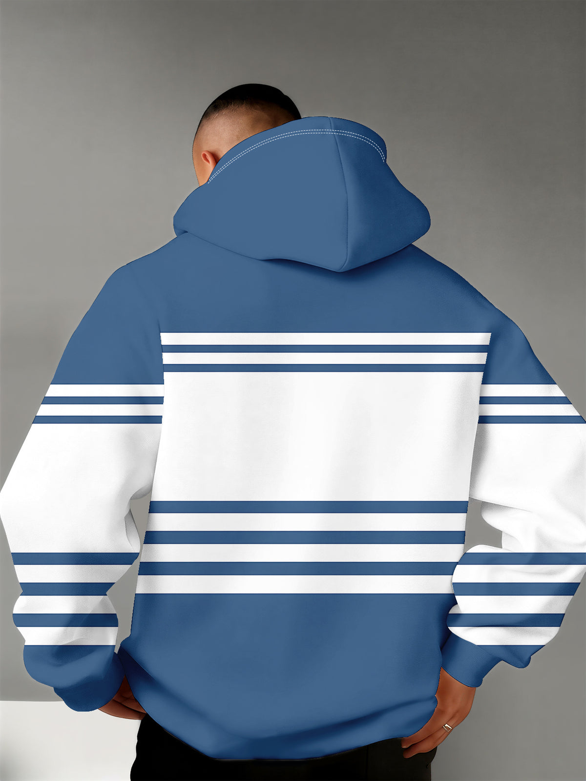 4 Styles, Men's Long Sleeve Casual Hoodies with Fresh Mountain Pattern with Contrasting Horizontal Stripes Prints, Trendy Printed Hooded Jackets, Sporty and Fashionable Style, Spring and Autumn Tops for Daily Casual Outfits. - Blue