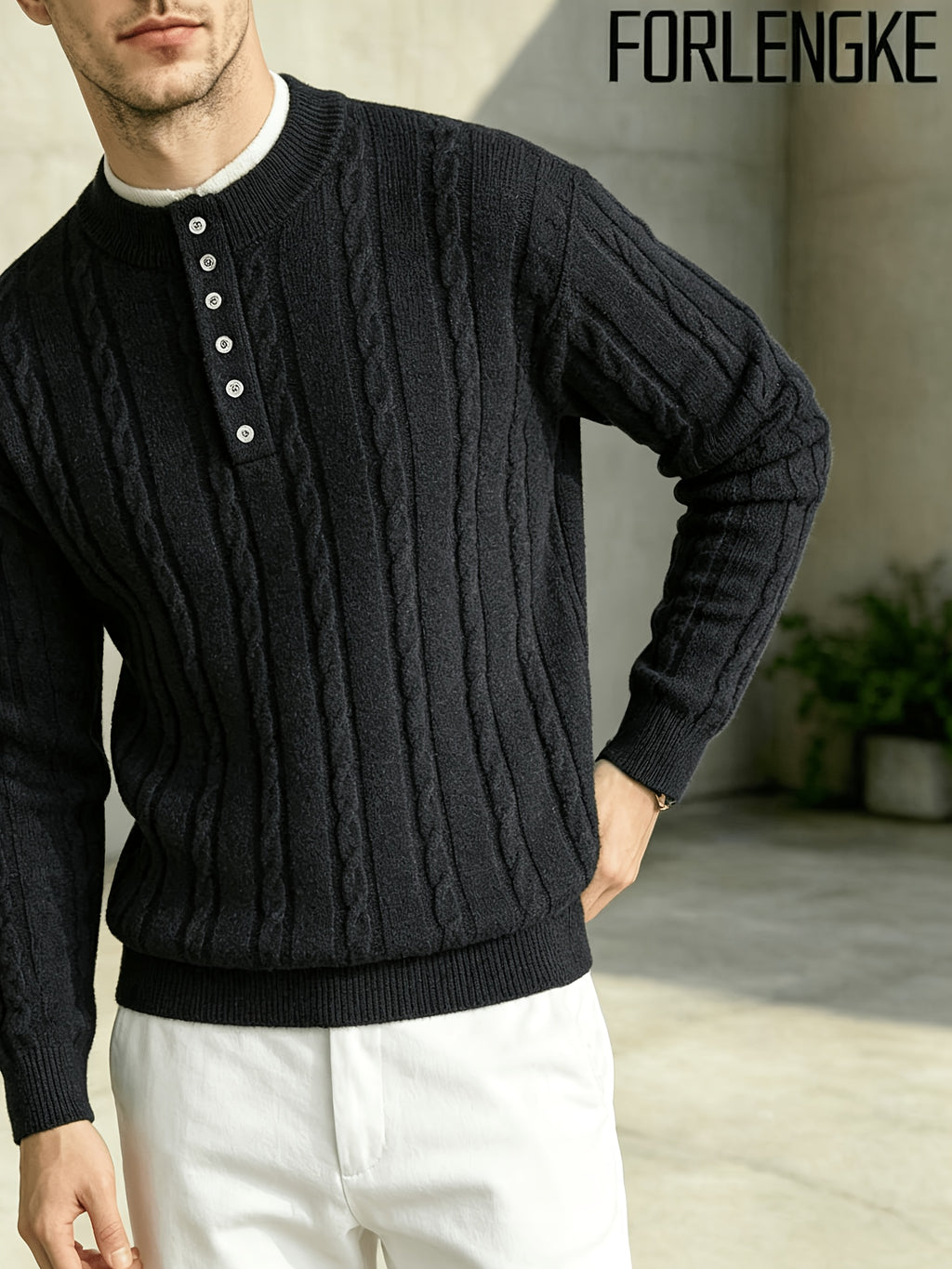 FORLENGKE 2026 New Men's Business Casual Crew Neck Cable Knit Sweater, Soft Warm Long Sleeve Pullover for Fall Winter Office Daily Wear - Black