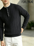 FORLENGKE 2026 New Men's Business Casual Crew Neck Cable Knit Sweater, Soft Warm Long Sleeve Pullover for Fall Winter Office Daily Wear - Black