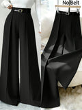 Women High Waist Front Pleated Wide Leg Dress Pants Without Belt, Elegant Flowy Straight Leg Suit Palazzo Trousers, Casual Business Office Work Long Pants, Loose Fit Formal Trousers for Ladies Daily Work Outfit - Black