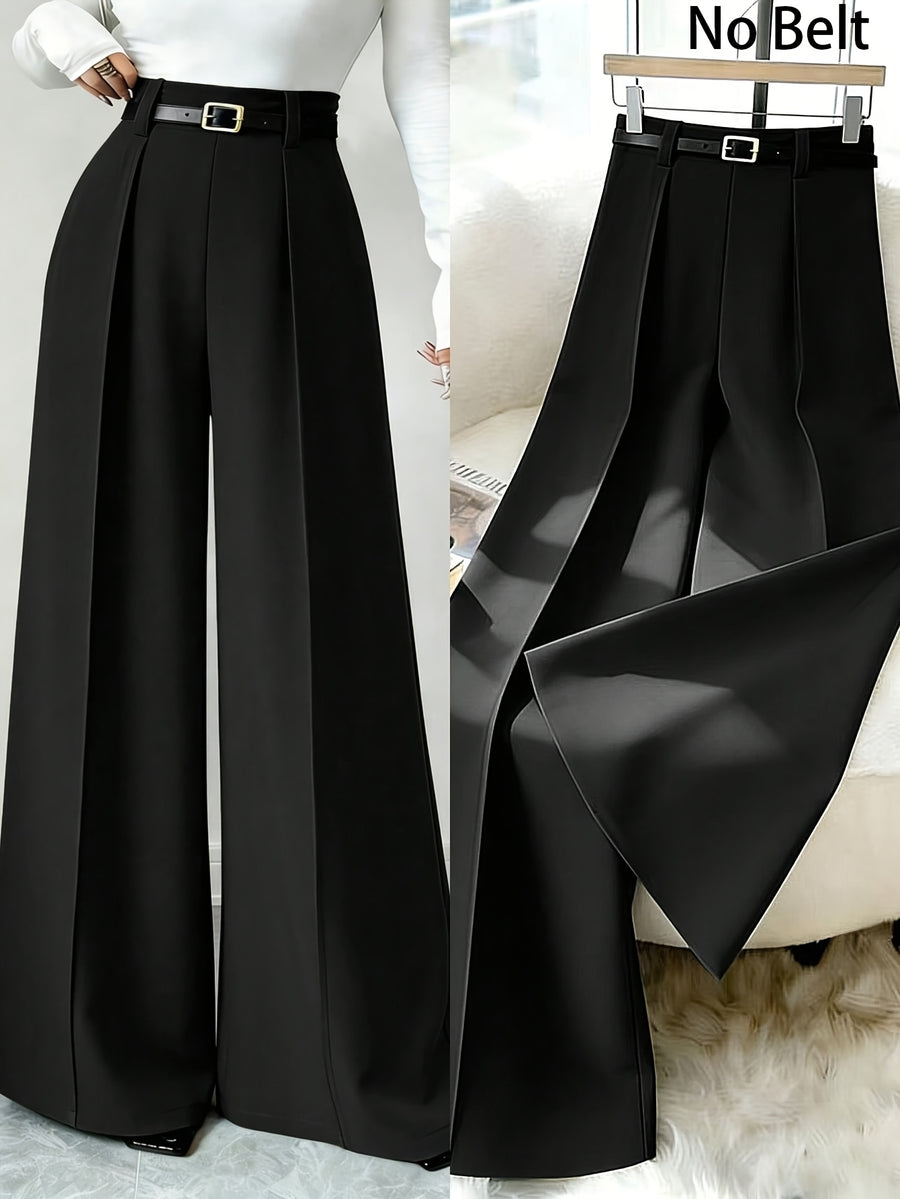 Women High Waist Front Pleated Wide Leg Dress Pants Without Belt, Elegant Flowy Straight Leg Suit Palazzo Trousers, Casual Business Office Work Long Pants, Loose Fit Formal Trousers for Ladies Daily Work Outfit - Black