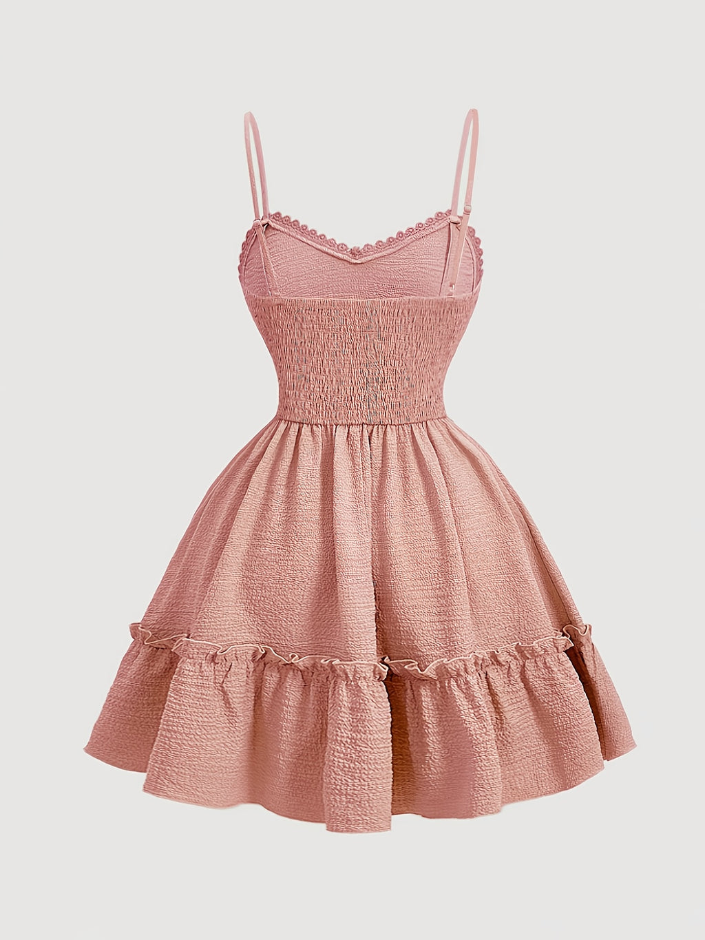 Elegant V-neck Lace-Trimmed Strap Dress | Solid Color, Contrast Lace Details, Suitable for Spring/Summer/Fall, for Adults - Pink