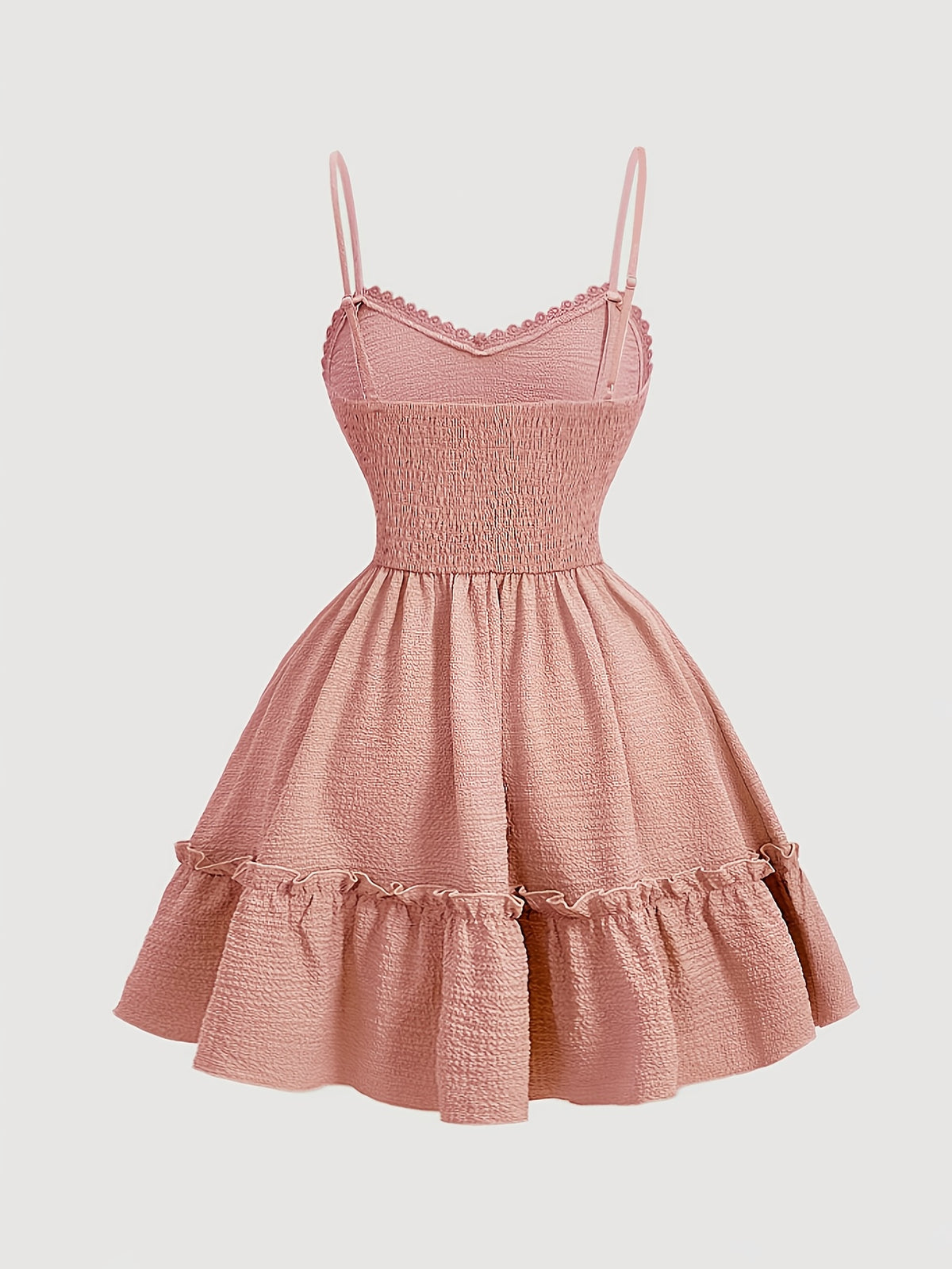 Elegant V-neck Lace-Trimmed Strap Dress | Solid Color, Contrast Lace Details, Suitable for Spring/Summer/Fall, for Adults - Pink