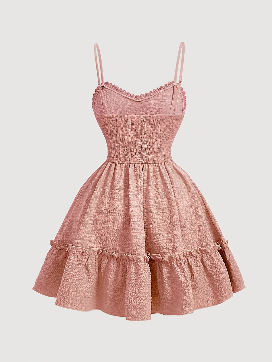 Elegant V-neck Lace-Trimmed Strap Dress | Solid Color, Contrast Lace Details, Suitable for Spring/Summer/Fall, for Adults - Pink