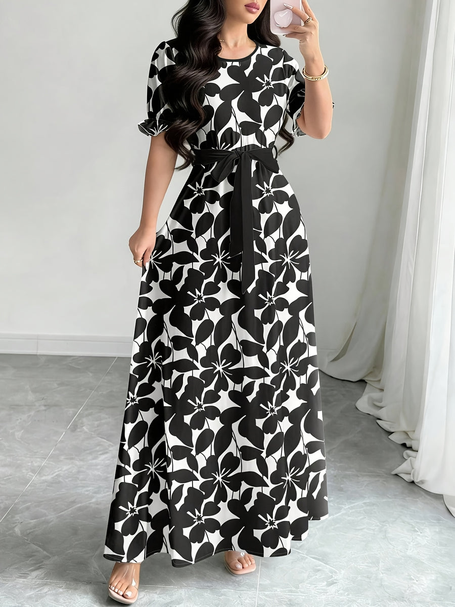 Women'S Printed Round Neck Casual Waist Dress - Black
