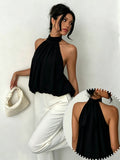 Women's Elegant Halter Neck Tie-Back Semi-Sheer Lightweight Top - Black