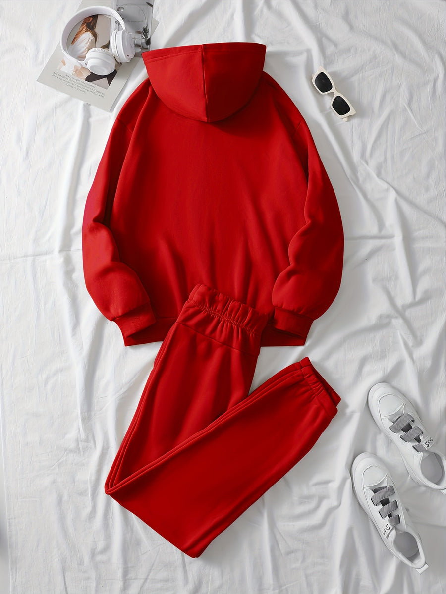 Ladies' Casual Hoodie Set, Spring and Summer S 2pcs Set, Hooded Pullover Sweatshirt, Women's Jacket, Korean Version, Fashionable Pants, Breathable Fabric, Comfortable Touch - Bright Red