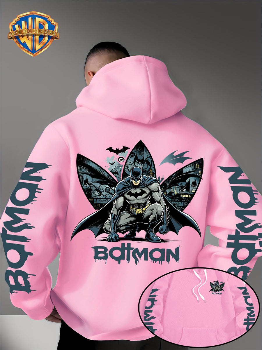 Warner Bros. Official 1pc Men's Hooded Long-Sleeve Sweatshirt - Batman Gotham Night Scene Multi-Panel Print + BATMAN Drip Graffiti Letter Creative Graphic Print, Letter Print on Both Sleeves, Cool DC Superhero IP Graphic Hoodie, Skin-Friendly - pink