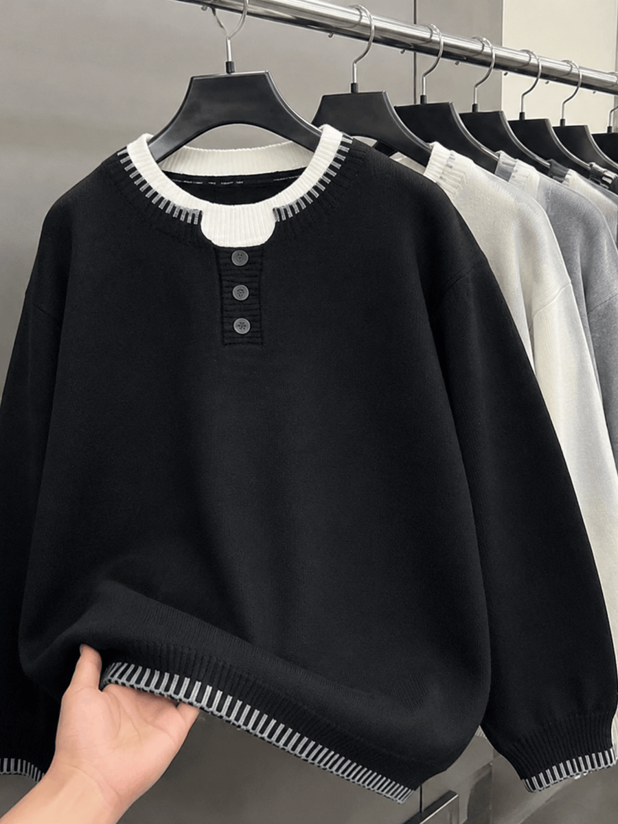 Men's and Women's Casual Sweater, Trendy Versatile Winter Henley Collar 2-in-1 Look Knit Top and Inner Base Layer, JKXN-1171 - Black