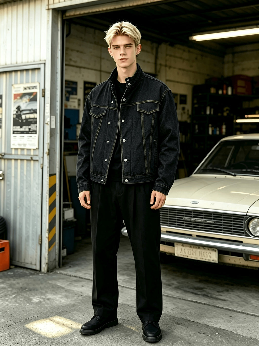 Men Solid Color Stand Collar Denim Jacket, Contrast Stitching Offset Placket with Metal Snap Buttons, Chest Patch Pockets and Side Insert Pockets, Loose Dropped Shoulder Cropped Fit, Casual Versatile Long Sleeve Coat for Young Men Daily Street Wear - Black