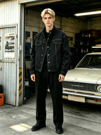 Men Solid Color Stand Collar Denim Jacket, Contrast Stitching Offset Placket with Metal Snap Buttons, Chest Patch Pockets and Side Insert Pockets, Loose Dropped Shoulder Cropped Fit, Casual Versatile Long Sleeve Coat for Young Men Daily Street Wear - Black