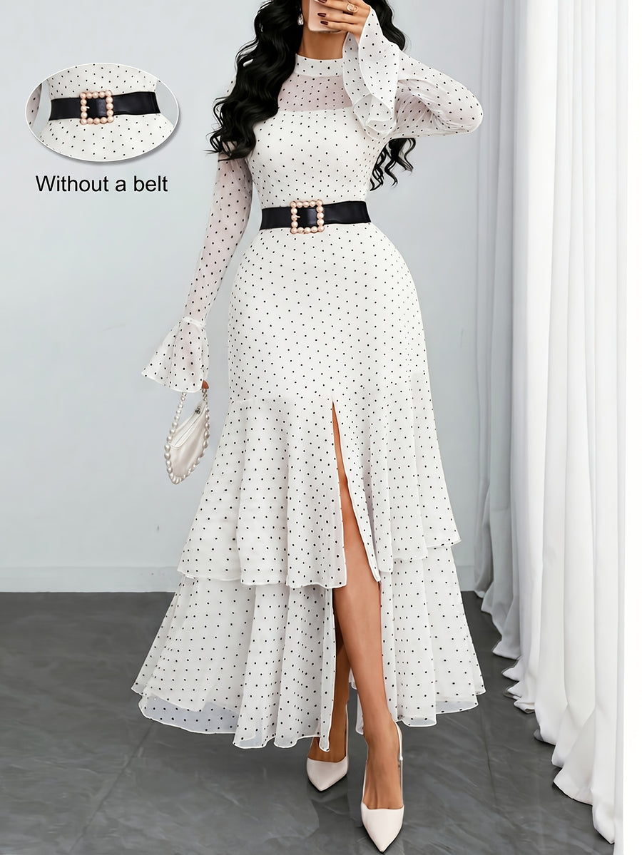 Women'S Romantic Sexy Elegant Modern Polka Dot Printed Stand Collar, Waist Double Slit Multi-Layered Skirt Dress, Suitable for Dates, Vacations, And Casual Wear, Belt Not Included - White