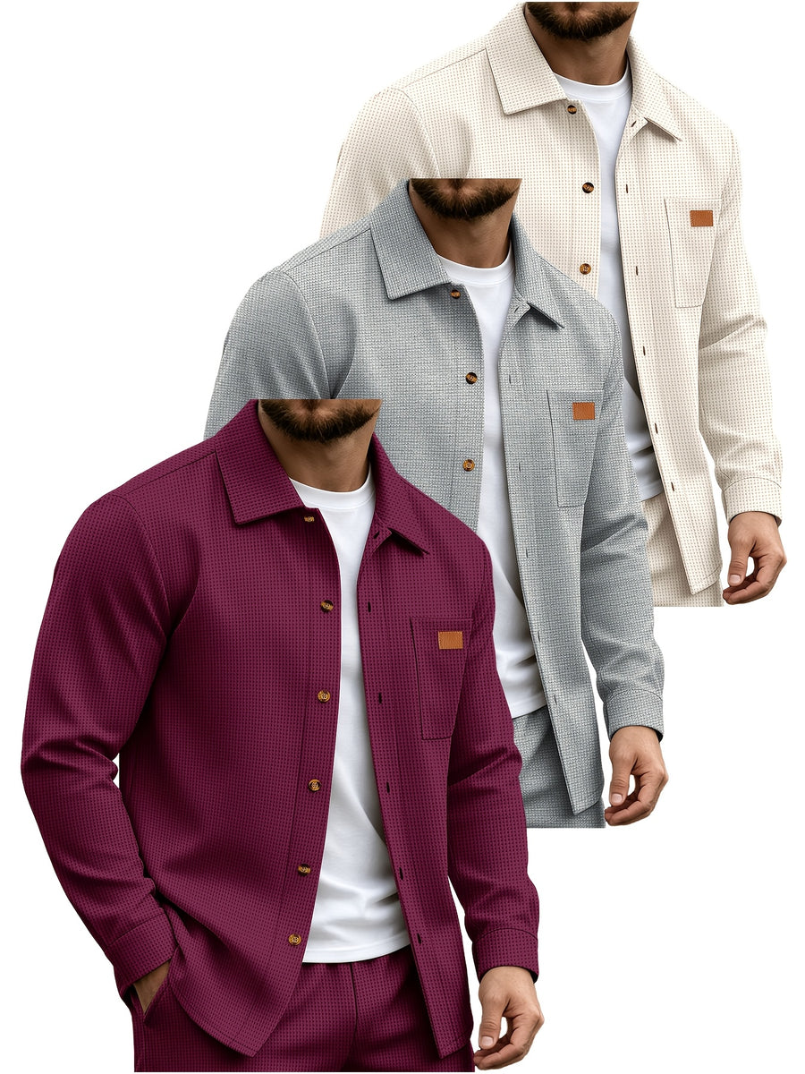 Men'S 3pcs Long Sleeve Shirt Set, Contrast Collar Faux Pocket Pullover Top, Casual Slim Fit Spring Autumn Daily Wear Shirt, Men'S Multi-Piece Outdoor Business Casual Attire - Mix color 5