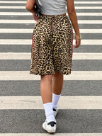 Women'S Y2K Full Leopard Print Side Red Stripe Contrast Casual Shorts, Y2K Fashion, Loose Fit, Suitable for Outdoor Leisure, All Seasons, Comfortable Wear, Summer Essential - Multicolor