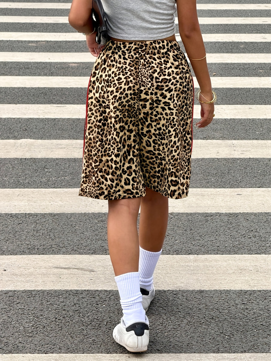 Women'S Y2K Full Leopard Print Side Red Stripe Contrast Casual Shorts, Y2K Fashion, Loose Fit, Suitable for Outdoor Leisure, All Seasons, Comfortable Wear, Summer Essential - Multicolor