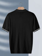 New Men's Business Fabric Shirt, Summer Men's Light Business Solid Color Casual Men's Lapel Short Sleeve Knitted Top - Black