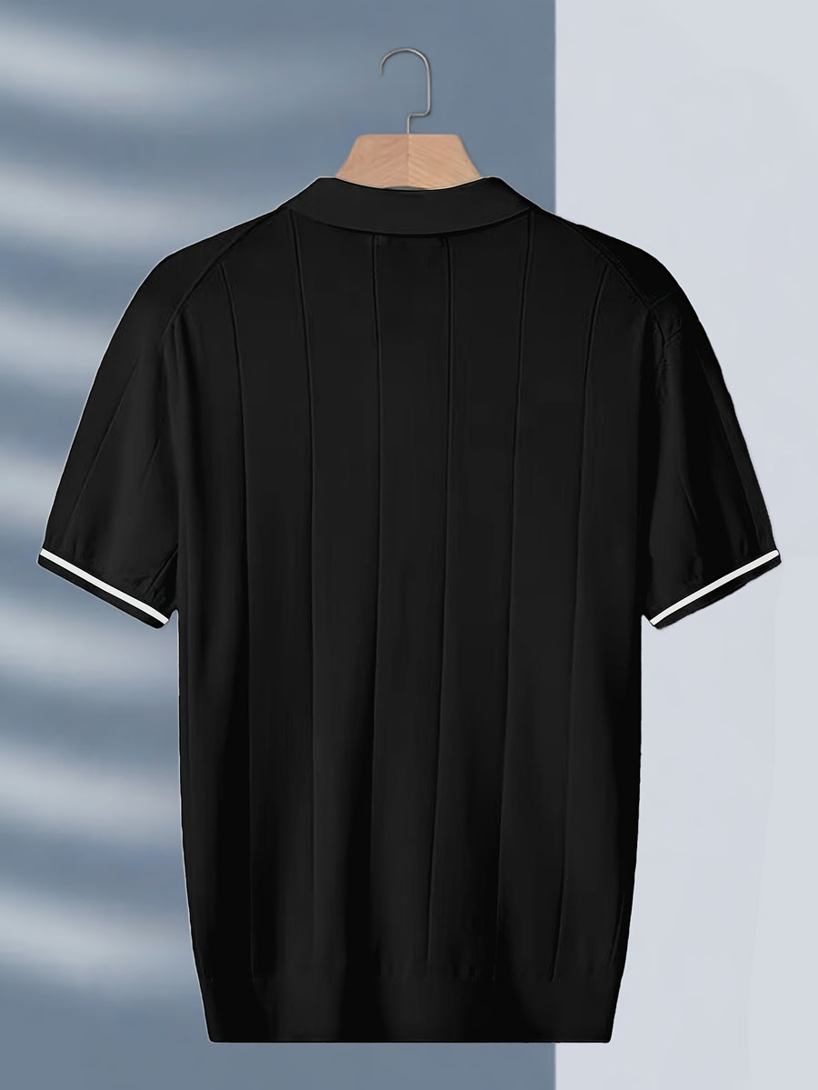 New Men's Business Fabric Shirt, Summer Men's Light Business Solid Color Casual Men's Lapel Short Sleeve Knitted Top - Black