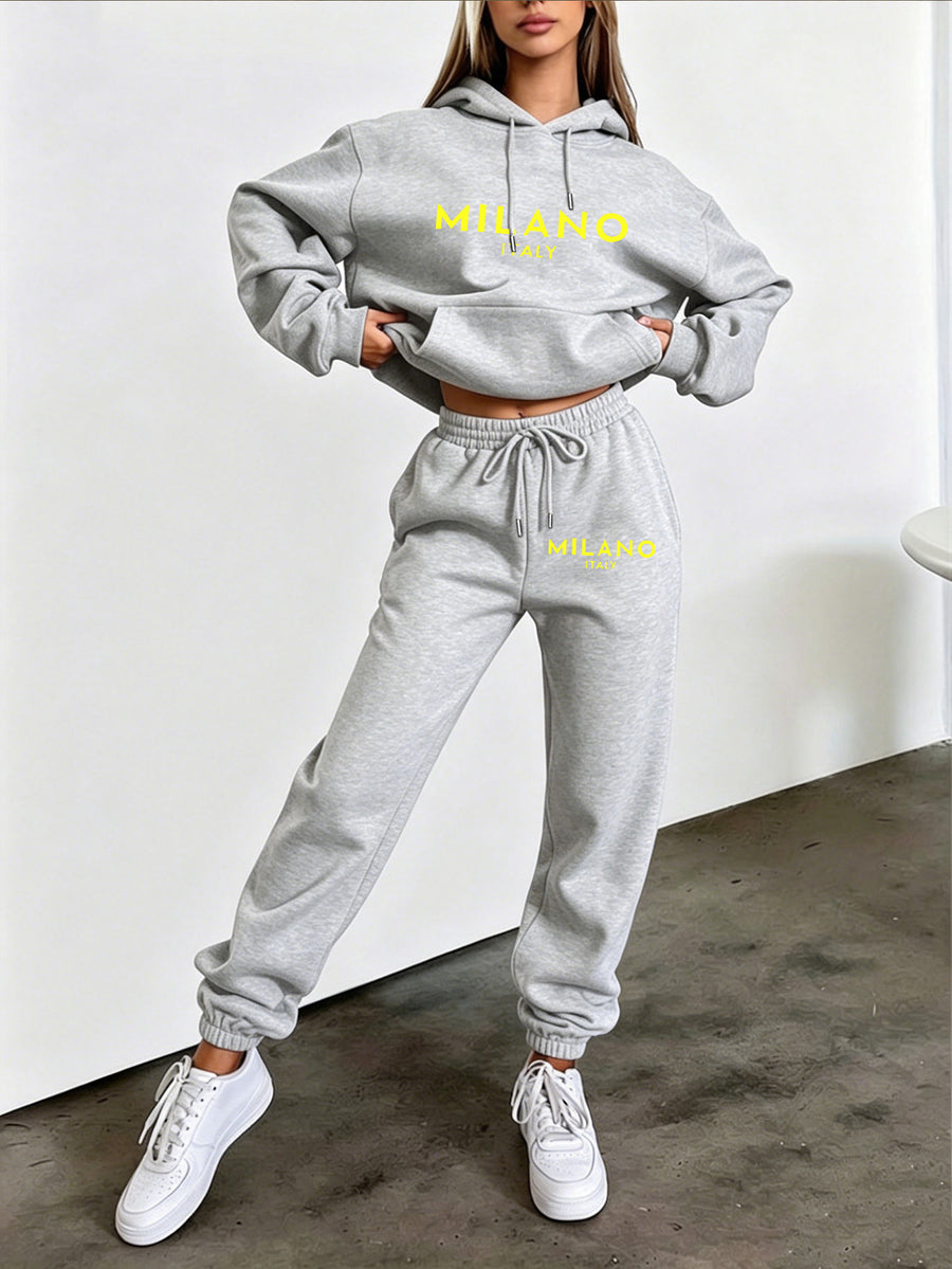 Autumn Winter Trendy Fashion Hooded Drawstring Sweatshirt And Joggers Women'S Set MILANO Letter Print Easy Letter Style Hooded Drawstring Design with Front Kangaroo Pocket Cold Weather Comfortable Wear Classic Silhouette Comfortable Fit Casual Home - Light Grey