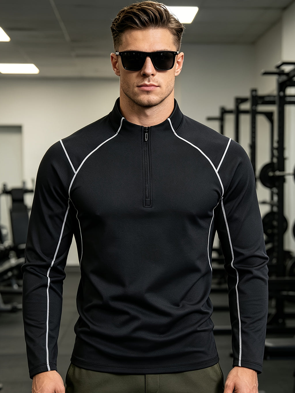 Single Pc Men'S Multi-Color Elastic Sports Fabric Long Sleeve Shirt, Half-Zipper Stand Collar, Contrast Line Decoration, Drop Shoulder Structure, Easy Techwear Style, Spring/Autumn Fit Waist-Cinching Shape - Obsidian Black