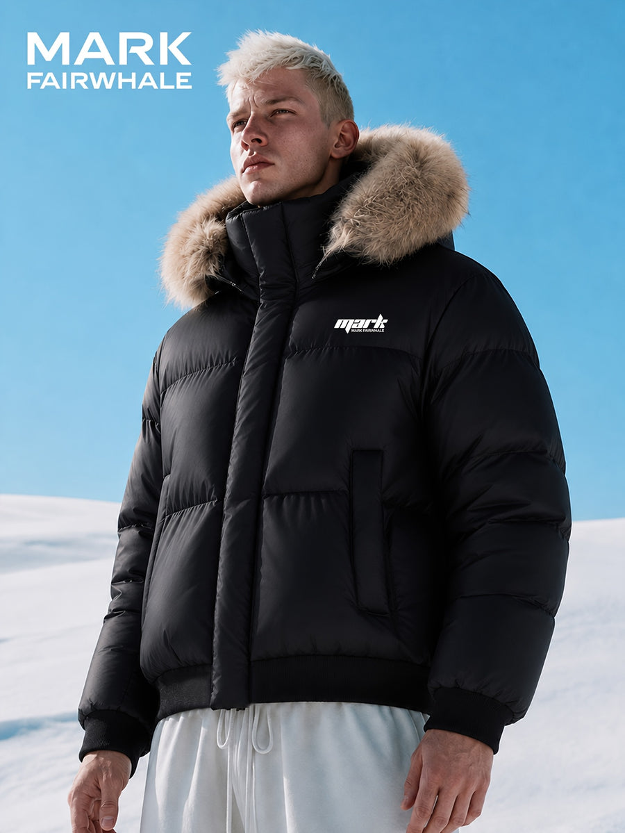 MARK FAIRWHALE Detachable Faux Fur Collar Mock Jacket, Winter Thickened Warm Coat, Small Logo Loose Casual Men'S Outerwear - Black