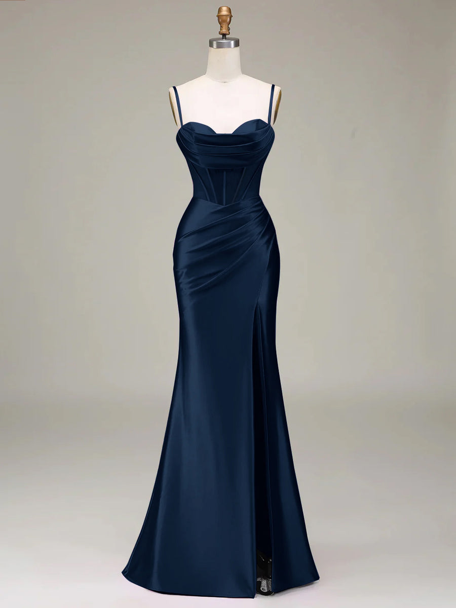 Women's Solid Color Satin Slip Dress with High Slit, Back Tie Waist, Cinched Fit, Pleated Details, and Hip-Hugging Design, Elegant for New Year's, Valentine's Day, Parties, Graduations, Weddings, and Bridesmaid Attire - Navy Color