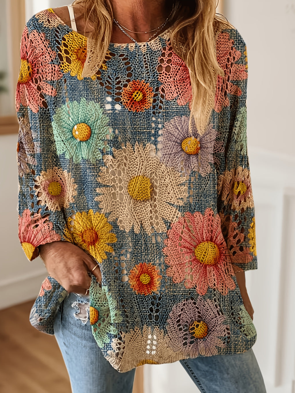 Plus Size, Plus Size Women's Colorful Daisy Print Openwork Top, Daisy Print Sweater, Openwork Loose Pullover, Forest-Style Artistic Knitwear, Casual Lazy Style Long Sleeve T-Shirt, Colorful Floral Print Cover-Up - Navy Color