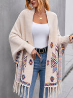 Elegant Special Edition 1pc Casual Elegant Women's Cardigan, Fair Isle Style Geometric Jacquard Fringe Lapel Open Front Batwing Sleeve Shawl Cape, Women's Mid-Length Warm Windproof Versatile Sweater Outerwear, 100% Polyester Fiber - Off-white
