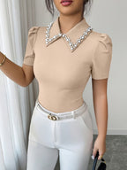 Women'S Fashion Spring/Summer Style Date Socialite Style Neckline Faux Pearl Embellished T-Shirt Slim Fit Puff Sleeve Lapel Short Sleeve Elegant And Short Top - Khaki