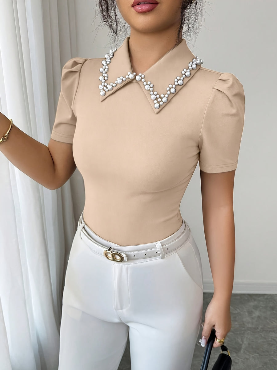 Women'S Fashion Spring/Summer Style Date Socialite Style Neckline Faux Pearl Embellished T-Shirt Slim Fit Puff Sleeve Lapel Short Sleeve Elegant And Short Top - Khaki