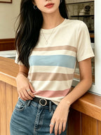 [Printed Design Texture] Women'S Korean-Style Blogger'S Colorful Striped T-Shirt, a Versatile Basic Short-Sleeve Top That Flatters The Figure And Is Suitable for All Body Types, a New Summer 2026 Model for Commuting And Casual Wear - Mix color 5