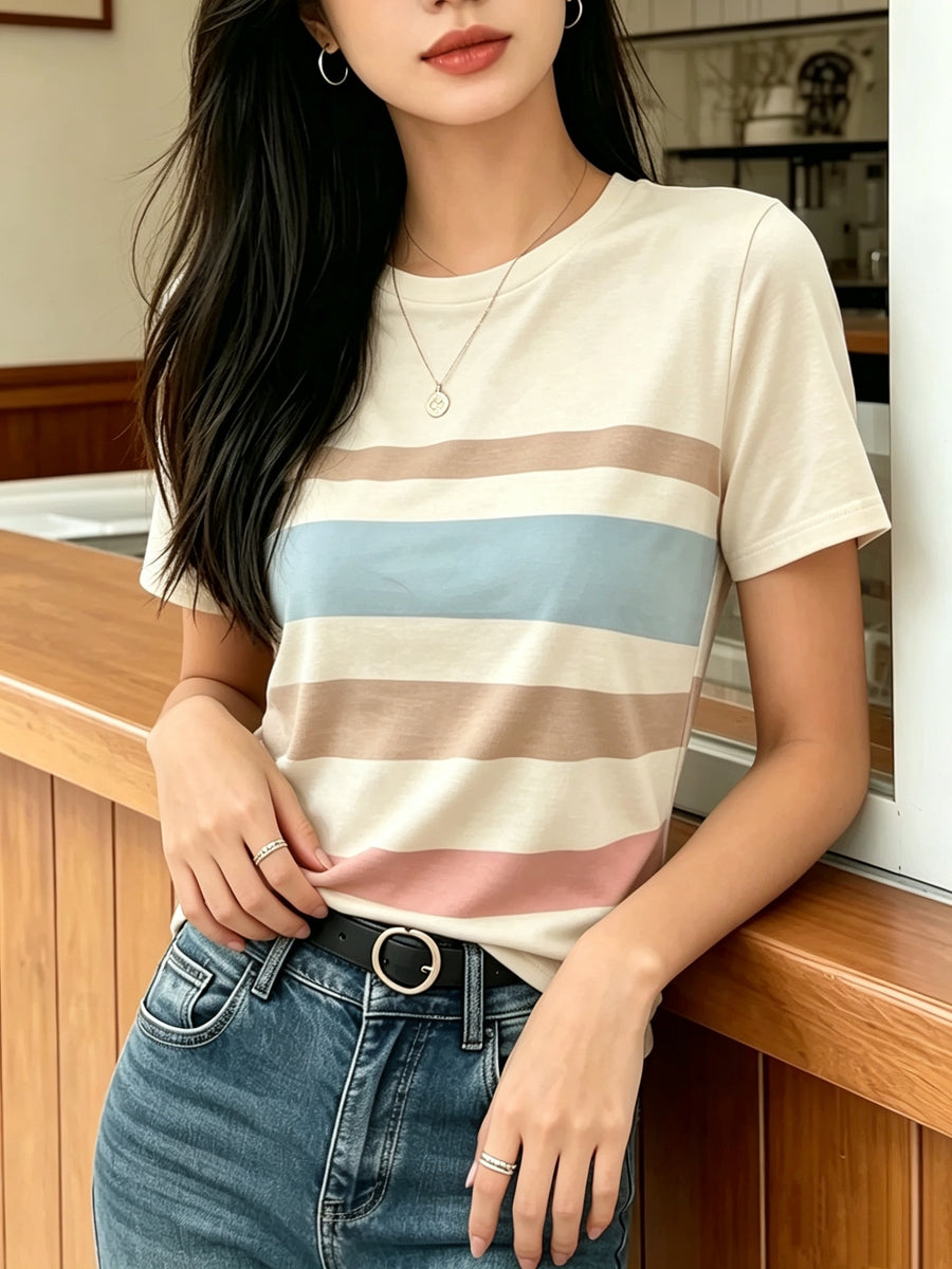 [Printed Design Texture] Women'S Korean-Style Blogger'S Colorful Striped T-Shirt, a Versatile Basic Short-Sleeve Top That Flatters The Figure And Is Suitable for All Body Types, a New Summer 2026 Model for Commuting And Casual Wear - Mix color 5
