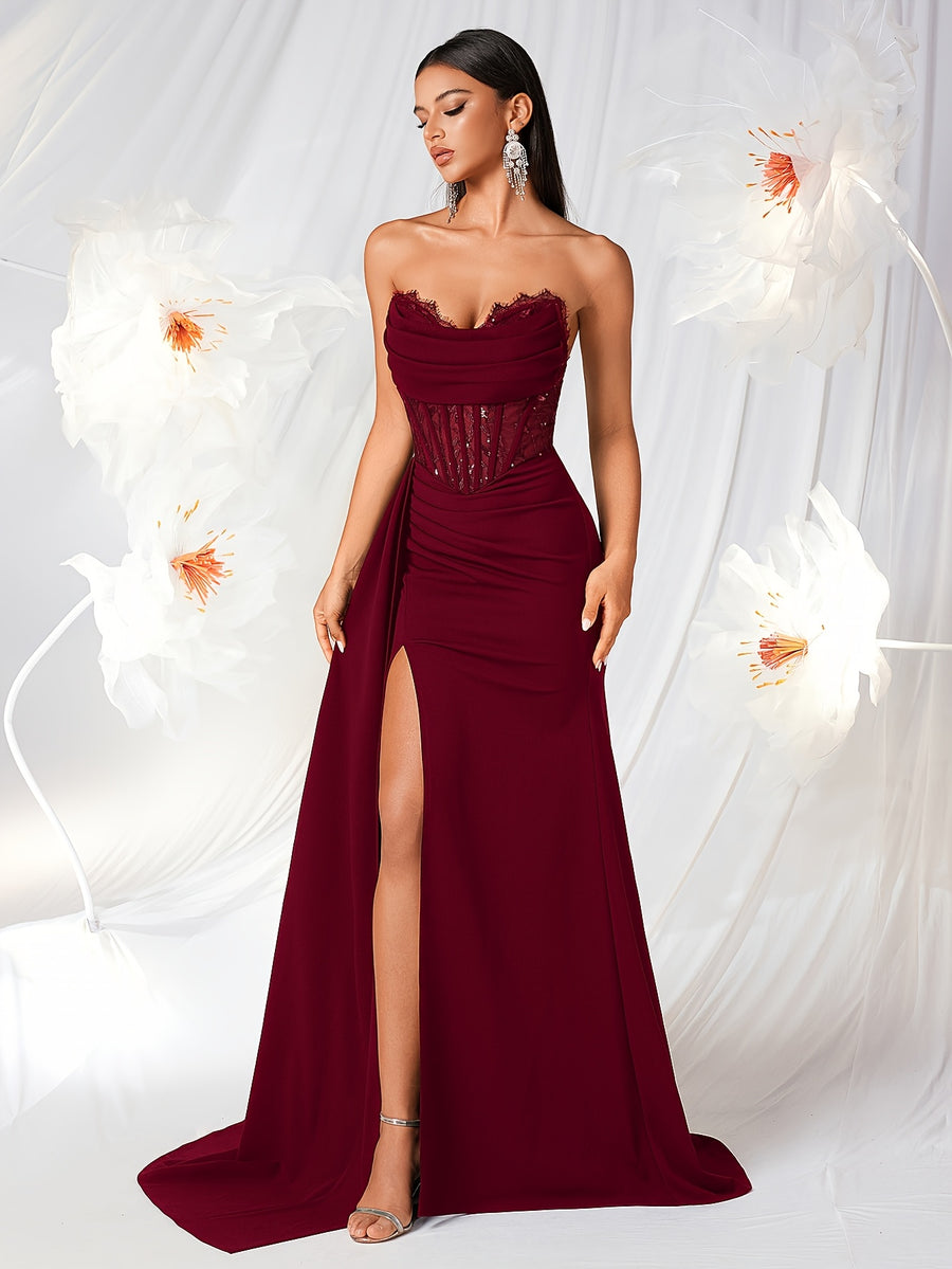 Tube Top with Small V-Neck, Mesh Panel, Sheer Long Ribbon, Slit, and Back Tie for Prom, Party, Formal Dress, Graduation Ball, Birthday Party, Evening Date, Back-to- Party, Wedding Guest, and Formal Dinner - Burgundy
