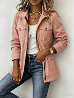 New Spring/Autumn Women's Casual Jacket with Workwear-Style Multiple Pockets, Waist-Cinching Fit, Versatile Outerwear - Coral
