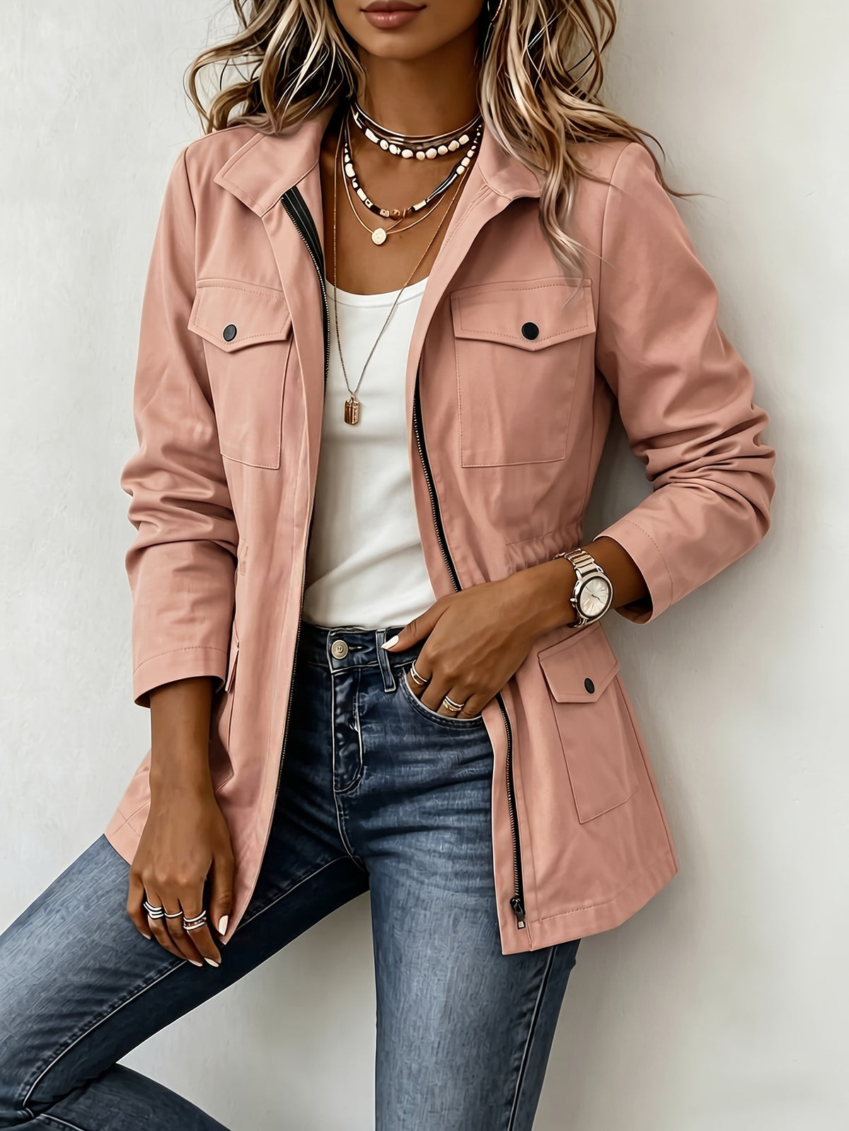 New Spring/Autumn Women's Casual Jacket with Workwear-Style Multiple Pockets, Waist-Cinching Fit, Versatile Outerwear - Coral