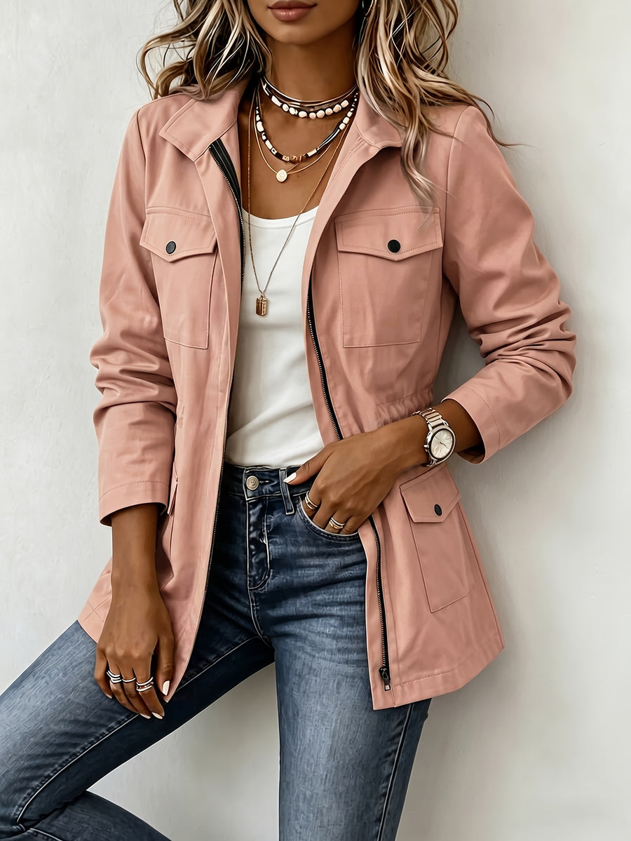 New Spring/Autumn Women's Casual Jacket with Workwear-Style Multiple Pockets, Waist-Cinching Fit, Versatile Outerwear - Coral