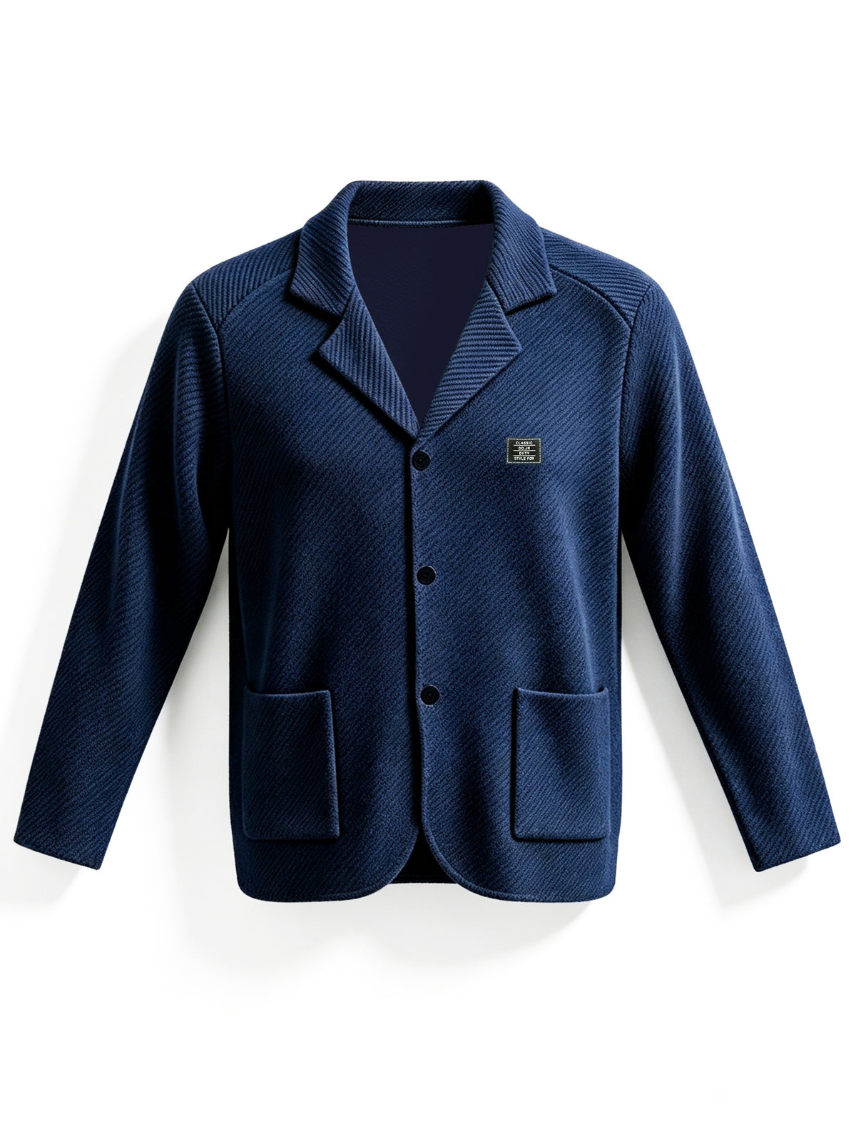 Men's New Spring, Autumn, and Winter Collection: Twill Textured Fabric Single-Breasted Notched Lapel Cardigan with Double Pockets, a Versatile Long-Sleeve Business Casual Outerwear. Soft, Comfortable, and Stylish Knitted Solid-Color Jacket - Navy Color