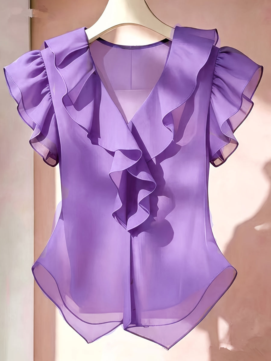 Summer French Solid Ruffled Fly Short Sleeve Shirt Chiffon Top Women'S - Light Purple