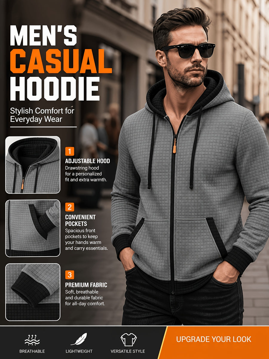 Autumn/Winter Men's Thickened Jacquard Long-Sleeve Open Cardigan Jacket, Hooded Fashionable Checkered Jacquard Textured Fabric, Comfortable Outerwear Suitable for Daily Outings, Outdoor Sports, Travel, and Vacations. Lightweight and Comfortable - Grey