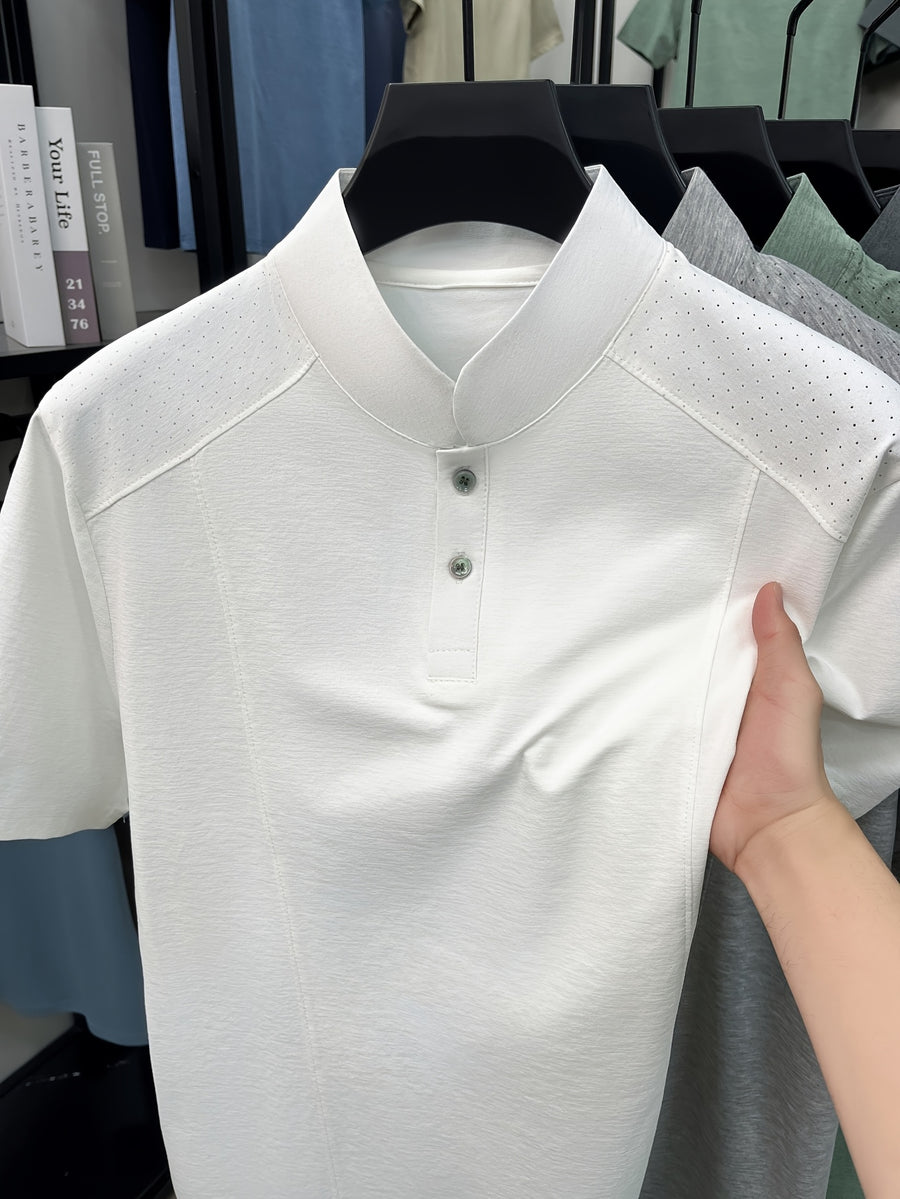 Men's New Summer Casual Stand Collar T-Shirt, Simple and Stylish Thin Breathable Versatile Short Sleeve Tee - White