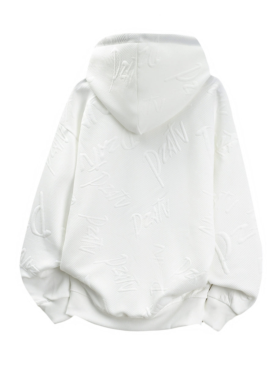 Men'S Jacquard 3D Letter Hooded Sweatshirt Solid Texture Oversized Drop Shoulder Pullover Casual Street Style Drawstring Kangaroo Pocket Daily Top - White