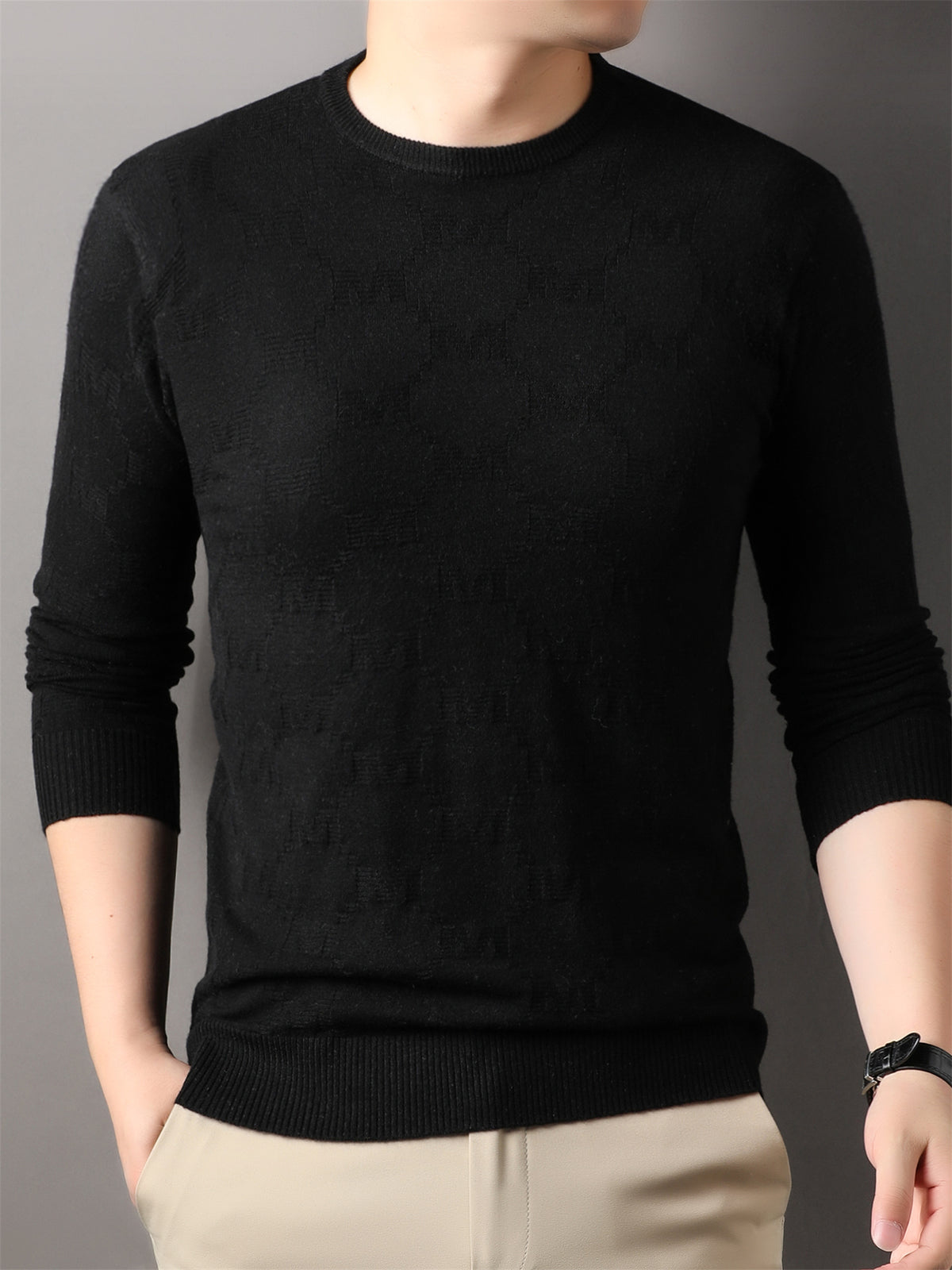 Autumn Winter Knit 3D Solid Round Neck Sweater, Basic Knit Pullover Top, Men'S Fashion Long Sleeve Sweater, Mon-J - Black
