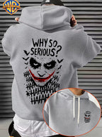 Licensed by Warner Bros., Trendy Cool Dark Distressed Joker Head, Classic Quote Slogan Bat Silhouette Street Retro Graffiti Trendy Cool Print Men'S Fashion Hooded Sweatshirt, Sleeve Print Design, Kangaroo Pocket, Drawstring Hood - Light Grey